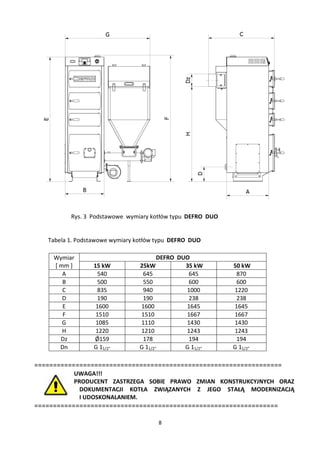 Rys. 3 Podstawowe wymiary kotłów typu DEFRO DUO


   Tabela 1. Podstawowe wymiary kotłów typu DEFRO DUO

     Wymiar                            DEFRO DUO
     [ mm ]      15 kW          25kW           35 kW        50 kW
        A         540            645            645          870
        B         500            550            600          600
        C         835            940           1000         1220
        D         190            190            238          238
        E         1600          1600           1645         1645
        F         1510          1510           1667         1667
        G         1085          1110           1430         1430
        H         1220          1210           1243         1243
       Dz        Ǿ159            178            194          194
       Dn        G 11/2”        G 11/2”        G 11/2”      G 11/2”

==================================================================
           UWAGA!!!
           PRODUCENT ZASTRZEGA SOBIE PRAWO ZMIAN KONSTRUKCYJNYCH ORAZ
             DOKUMENTACJI KOTŁA ZWIĄZANYCH Z JEGO STAŁĄ MODERNIZACJĄ
             I UDOSKONALANIEM.
=================================================================

                                       8
 