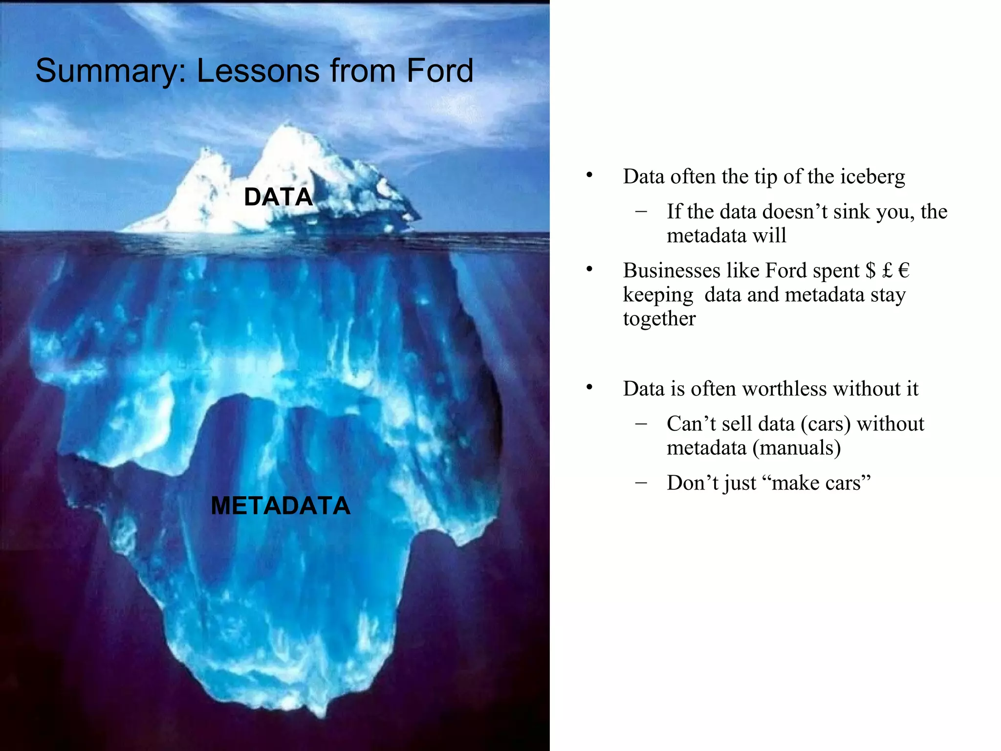 Summary: Lessons from Ford Data often the tip of the iceberg If the data doesn’t sink you, the metadata will Businesses like Ford spent $ £ € keeping  data and metadata stay together Data is often worthless without it Can’t sell data (cars) without metadata (manuals) Don’t just “make cars” DATA METADATA 