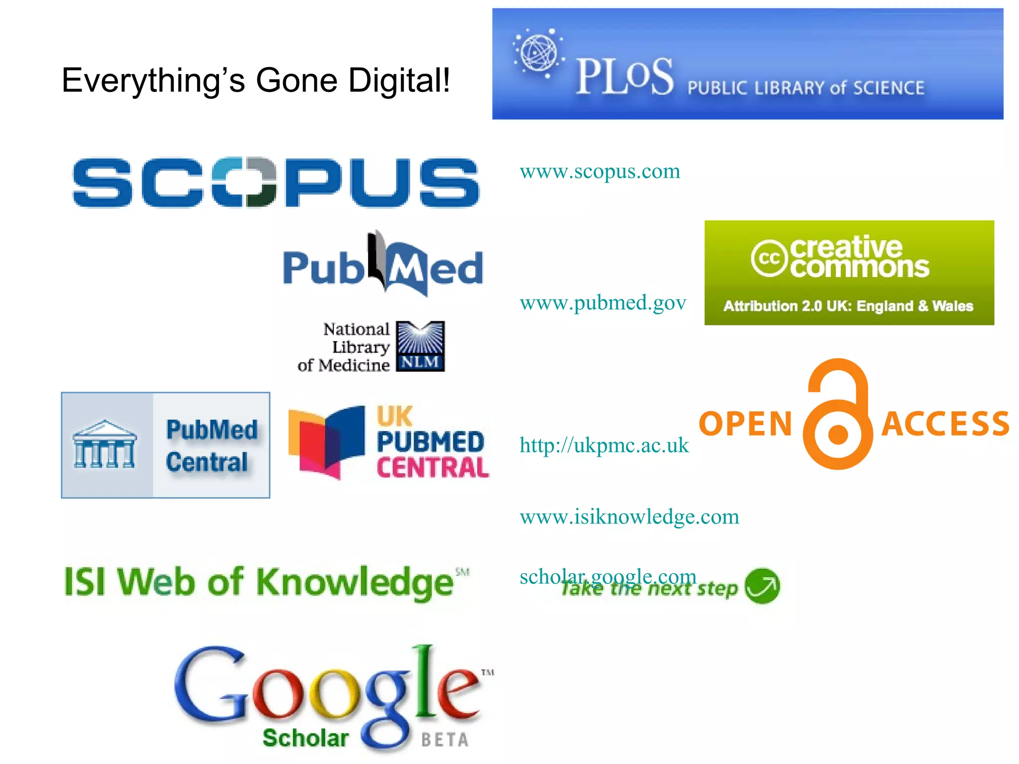 Everything’s Gone Digital!  www.scopus.com www.pubmed.gov http://ukpmc.ac.uk   www. isiknowledge .com scholar.google.com   
