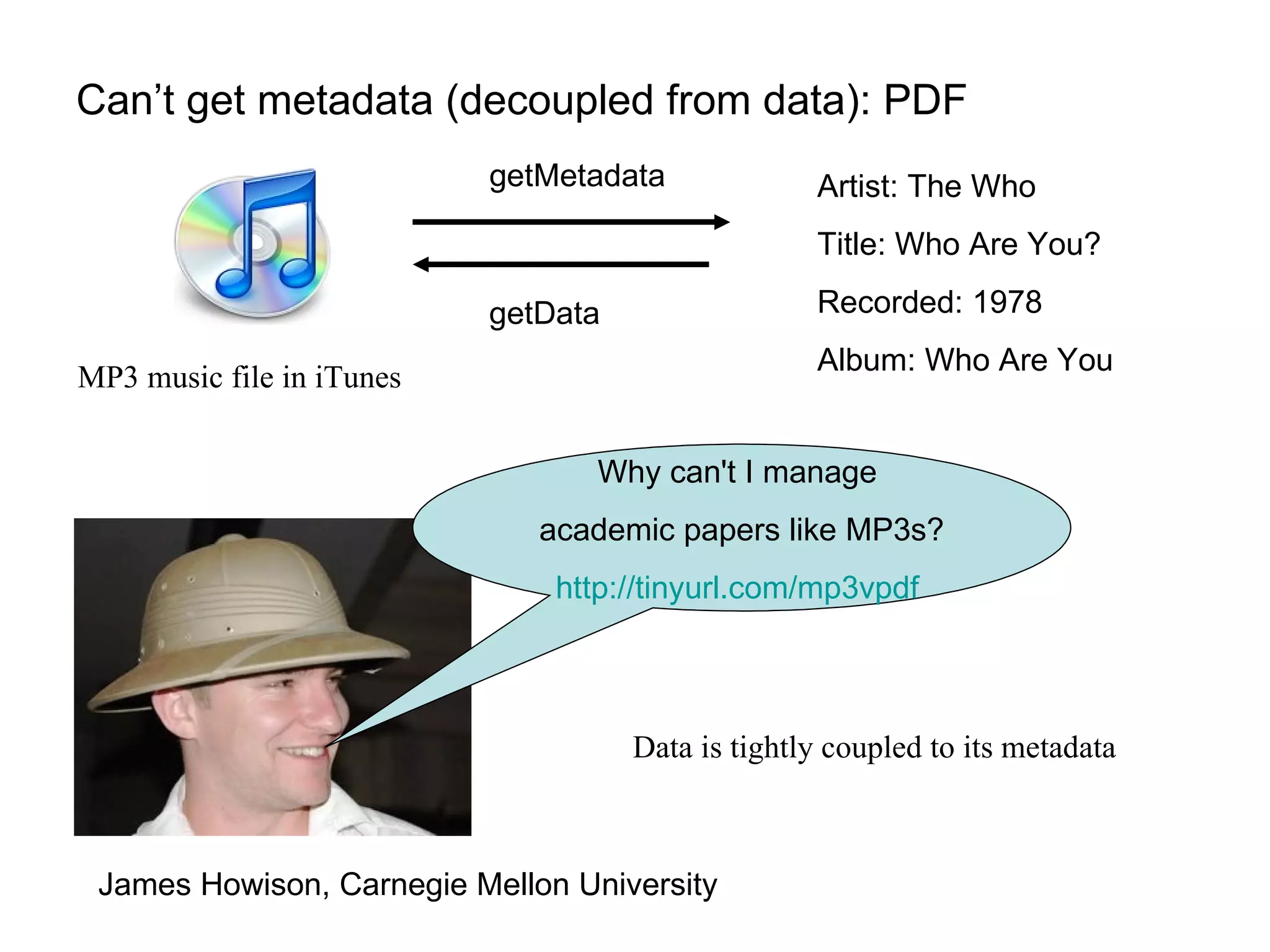 Can’t get metadata (decoupled from data): PDF MP3 music file in iTunes Why can't I manage  academic papers like MP3s? http: //tinyurl .com/mp3vpdf   James Howison, Carnegie Mellon University Data is tightly coupled to its metadata getMetadata getData Artist: The Who Title: Who Are You? Recorded: 1978 Album: Who Are You  