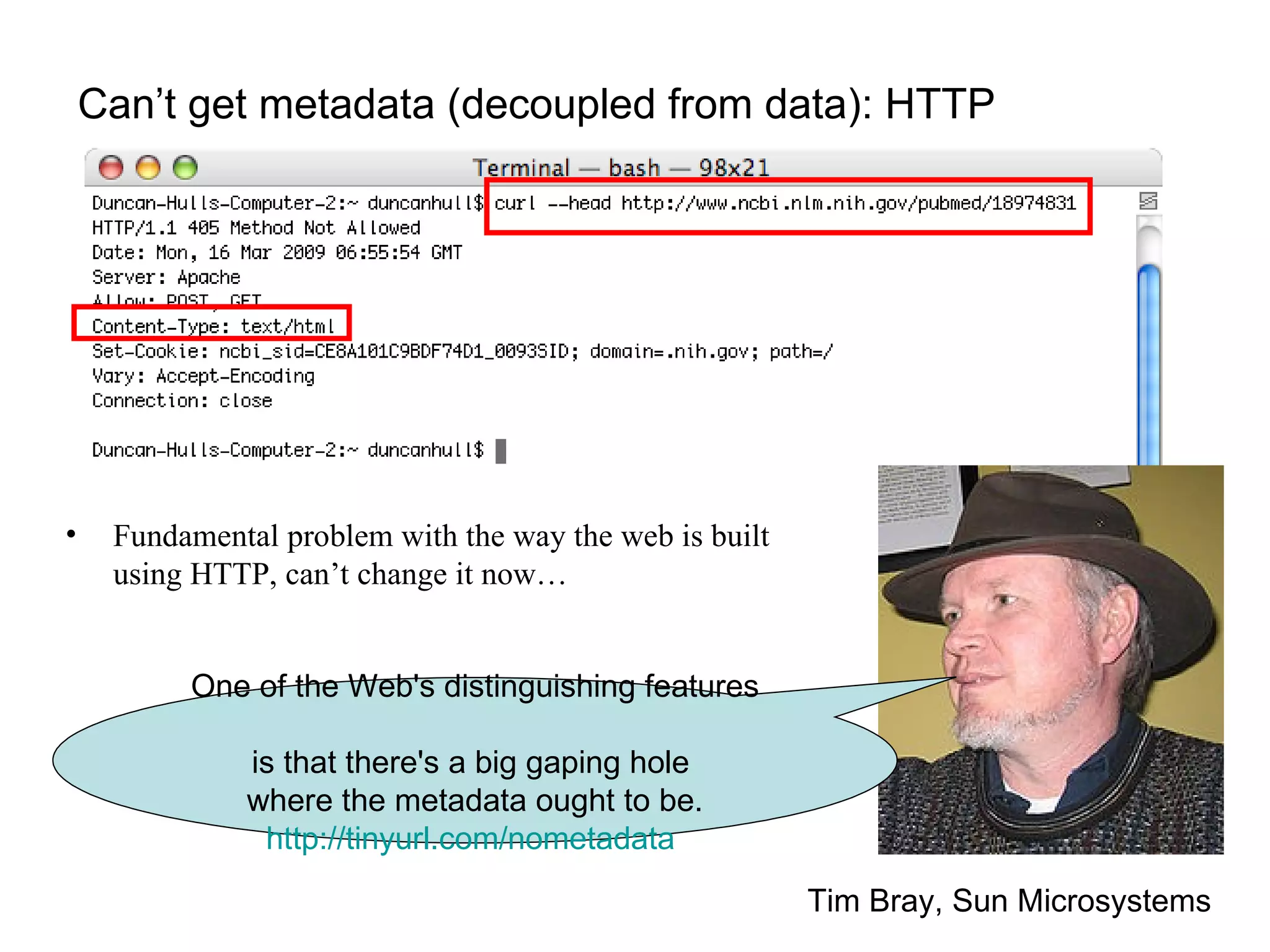 Can’t get metadata (decoupled from data): HTTP Fundamental problem with the way the web is built  using HTTP, can’t change it now… Tim Bray, Sun Microsystems One of the Web's distinguishing features  is that there's a big gaping hole  where the metadata ought to be. http://tinyurl.com/nometadata   
