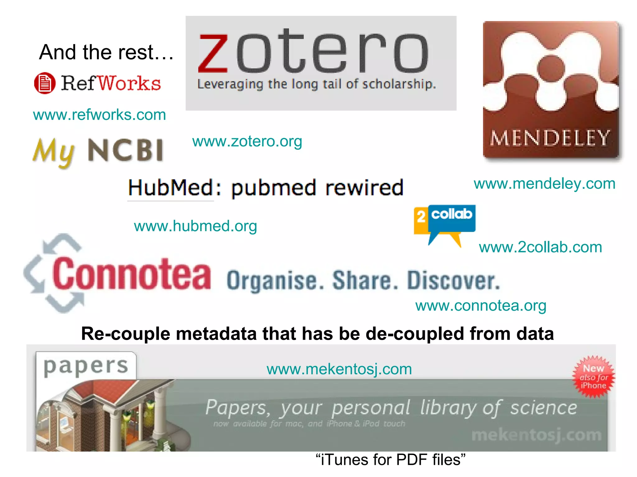 And the rest… www.mendeley.com   www.zotero.org   www.connotea.org   www.mekentosj.com   www.hubmed.org   Re-couple metadata that has be de-coupled from data www.2collab.com   www.refworks.com   “ iTunes for PDF files” 