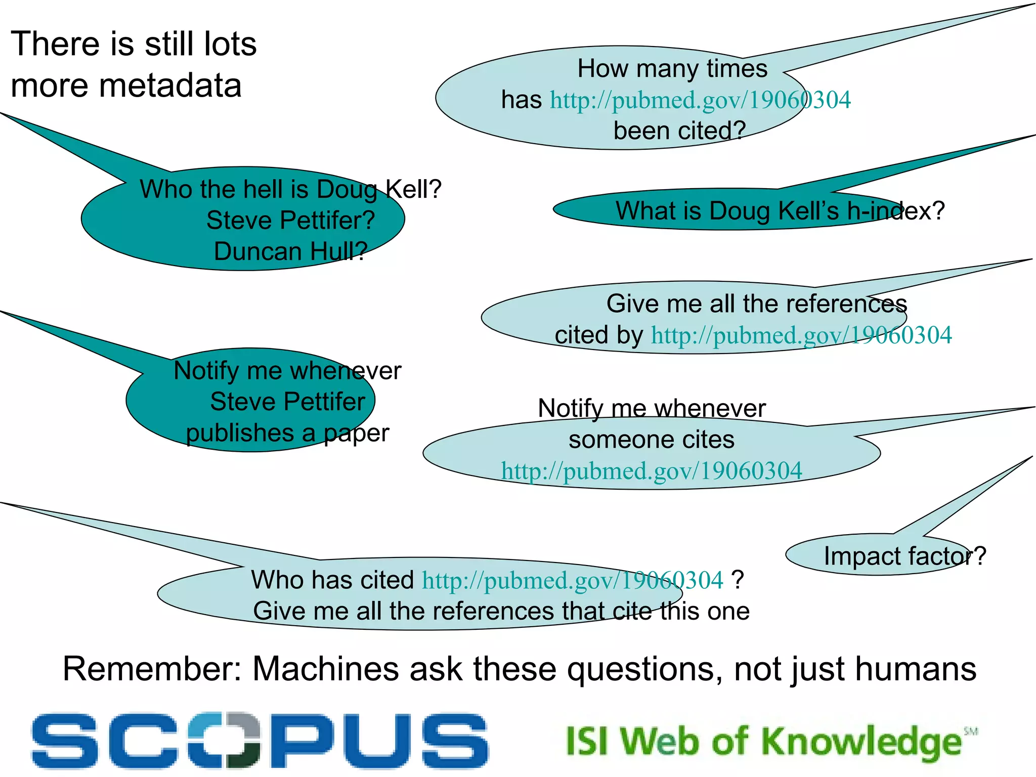 There is still lots  more metadata How many times  has  http://pubmed.gov/19060304  been cited? Who has cited  http://pubmed.gov/19060304   ?  Give me all the references that cite this one Give me all the references cited by  http://pubmed.gov/19060304   Who the hell is Doug Kell? Steve Pettifer? Duncan Hull? What is Doug Kell’s h-index? Remember: Machines ask these questions, not just humans Notify me whenever Steve Pettifer publishes a paper Notify me whenever someone cites http://pubmed.gov/19060304   Impact factor? 
