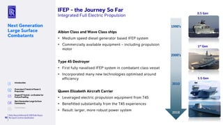 Rolls-RoyceDefence| © 2018 Rolls-Royce
No Export Controlclassification10
Next Generation
Large Surface
Combatants
1990’s
2000’s
2010
2018
1st Gen
0.5 Gen
1.5 Gen
Albion Class and Wave Class ships
• Medium speed diesel generator based IFEP system
• Commercially available equipment – including propulsion
motor
Type 45 Destroyer
• First fully navalised IFEP system in combatant class vessel
• Incorporated many new technologies optimised around
efficiency
Queen Elizabeth Aircraft Carrier
• Leveraged electric propulsion equipment from T45
• Benefitted substantially from the T45 experiences
• Result: larger, more robust power system
IFEP - the Journey So Far
Integrated Full Electric Propulsion
 