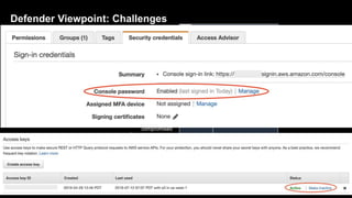 AWS Cloud
compromised
access key A
Attacker
generate
temp token B
temp token B AWS STS
escalate
privileges with
compromised
access key A
or temp token B
S3 Bucket
access S3
Bucket
data
exfiltration
3
1
2
4
5
Defender Viewpoint: Challenges
Mitigate/Remediate:
1. Delete access key A
2. Key rotation
3. Change Console
password
4. User training
 