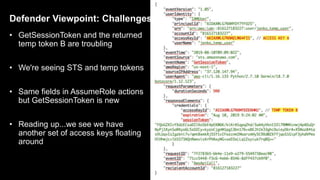 Defender Viewpoint: Challenges
• GetSessionToken and the returned
temp token B are troubling
• We're seeing STS and temp tokens
• Same fields in AssumeRole actions
but GetSessionToken is new
• Reading up...we see we have
another set of access keys floating
around
28
 