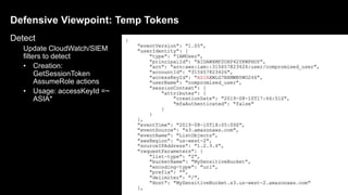 Defensive Viewpoint: Temp Tokens
31
Detect
Update CloudWatch/SIEM
filters to detect
• Creation:
GetSessionToken
AssumeRole actions
• Usage: accessKeyId =~
ASIA*
 