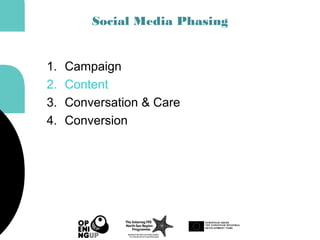 Social Media Phasing
1. Campaign
2. Content
3. Conversation & Care
4. Conversion
 