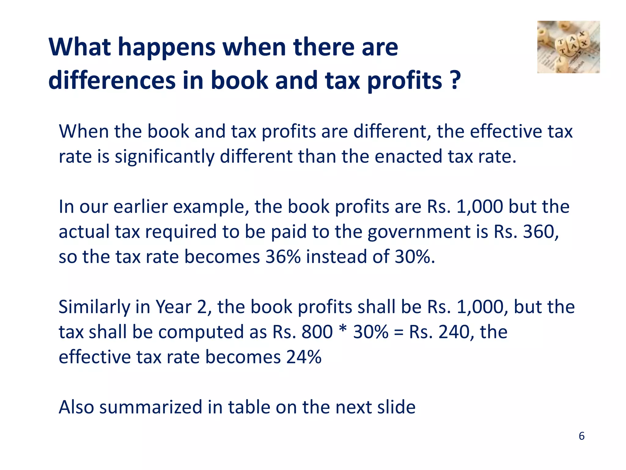 When the book and tax profits are different, the effective tax
rate is significantly different than the enacted tax rate.
In our earlier example, the book profits are Rs. 1,000 but the
actual tax required to be paid to the government is Rs. 360,
so the tax rate becomes 36% instead of 30%.
Similarly in Year 2, the book profits shall be Rs. 1,000, but the
tax shall be computed as Rs. 800 * 30% = Rs. 240, the
effective tax rate becomes 24%
Also summarized in table on the next slide
What happens when there are
differences in book and tax profits ?
6
 