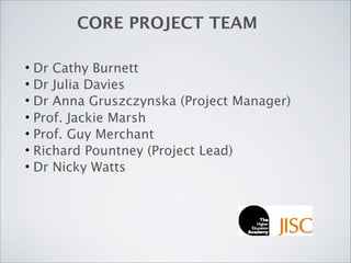 CORE PROJECT TEAM

• Dr Cathy Burnett
• Dr Julia Davies
• Dr Anna Gruszczynska (Project Manager)
• Prof. Jackie Marsh
• Prof. Guy Merchant
• Richard Pountney (Project Lead)
• Dr Nicky Watts
 