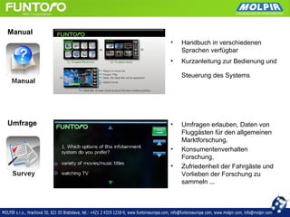 Manual
          •   Handbuch in verschiedenen
              Sprachen verfügbar
          •   Kurzanleitung zur Bedienung und

              Steuerung des Systems




Umfrage   •   Umfragen erlauben, Daten von
              Fluggästen für den allgemeinen
              Marktforschung,
          •   Konsumentenverhalten
              Forschung,
          •   Zufriedenheit der Fahrgäste und
              Vorlieben der Forschung zu
              sammeln ...
 