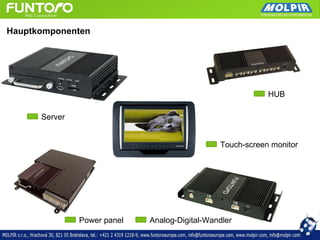 Hauptkomponenten




                                                           HUB

      Server


                                               Touch-screen monitor




               Power panel   Analog-Digital-Wandler
 