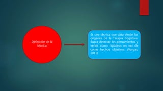 Definición de la
técnica
Es una técnica que data desde los
orígenes de la Terapia Cognitiva.
Busca detectar los pensamientos y
verlos como hipótesis en vez de
como hechos objetivos. (Vargas,
2011)
 
