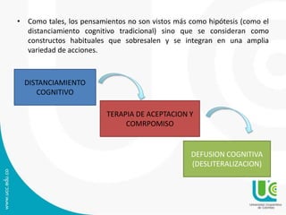 • Como tales, los pensamientos no son vistos más como hipótesis (como el 
distanciamiento cognitivo tradicional) sino que se consideran como 
constructos habituales que sobresalen y se integran en una amplia 
variedad de acciones. 
TERAPIA DE ACEPTACION Y 
DEFUSION COGNITIVA 
(DESLITERALIZACION) 
COMRPOMISO 
DISTANCIAMIENTO 
COGNITIVO 
 