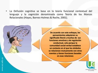 • La Defusión cognitiva se basa en la teoría funcional contextual del 
lenguaje y la cognición denominada como Teoría de los Marcos 
Relacionales (Hayes, Barnes-Holmes & Roche, 2001). 
De acuerdo con este enfoque, los 
pensamientos adquieren su 
significado literal y muchas de sus 
funciones emotivas y de regulación 
conductual, solo porque la 
comunidad social-verbal establece 
un contexto en el que los símbolos 
se relacionan mutuamente con otros 
eventos y tienen funciones basadas 
en esas relaciones 
 