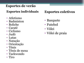 Esportes individuais Atletismo Badminton Boliche Caratê Ciclismo Judô Lutas Natação Orientação Tênis Tênis de mesa Taekwondo Tiro Esportes coletivos Basquete Futebol Vôlei Vôlei de praia Esportes de verão 
