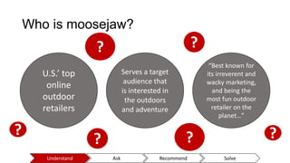 Who is moosejaw?
U.S.’ top
online
outdoor
retailers
Serves a target
audience that
is interested in
the outdoors
and adventure
“Best known for
its irreverent and
wacky marketing,
and being the
most fun outdoor
retailer on the
planet…”
?
? ?? ?
?
Understand Ask Recommend Solve
 