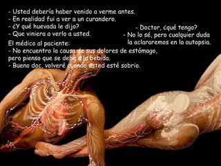 Usted debería haber venido a verme antes.  En realidad fui a ver a un curandero.  ¿Y qué huevada le dijo? - Que viniera a verlo a usted. Doctor, ¿qué tengo? - No lo sé, pero cualquier duda la aclararemos en la autopsia. El médico al paciente:  No encuentro la causa de sus dolores de estómago, pero pienso que se debe a la bebida.  - Bueno doc, volveré cuando usted esté sobrio. 