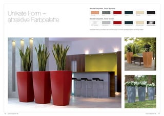 Aktuelle Farbpalette „Trevia“ Standard



     Unikate Form –             Terracotta            Granit                Rubinrot               Anthrazit              Elfenbein              Schwarz




     attraktive Farbpalette   Aktuelle Farbpalette „Trevia“ lackiert



                                Weiß-Hochglanz        Silber-Struktur       Rubinrot-Struktur      Anthrazit-Struktur     Elfenbein-Struktur    Schwarz-Hochglanz



                              Individuelle Farben zur Einhaltung des Corporate Design und weitere Oberflächenoptiken auf Anfrage möglich.




16   www.degardo.de                                                                                                                            www.degardo.de       17
 