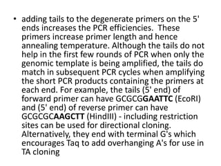 • adding tails to the degenerate primers on the 5'
ends increases the PCR efficiencies. These
primers increase primer length and hence
annealing temperature. Although the tails do not
help in the first few rounds of PCR when only the
genomic template is being amplified, the tails do
match in subsequent PCR cycles when amplifying
the short PCR products containing the primers at
each end. For example, the tails (5' end) of
forward primer can have GCGCGGAATTC (EcoRI)
and (5' end) of reverse primer can have
GCGCGCAAGCTT (HindIII) - including restriction
sites can be used for directional cloning.
Alternatively, they end with terminal G's which
encourages Taq to add overhanging A's for use in
TA cloning
 