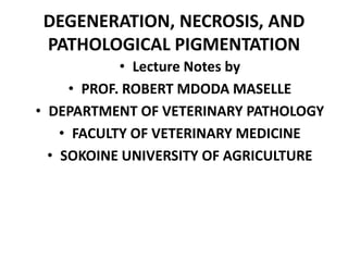 DEGENERATION, NECROSIS, AND
PATHOLOGICAL PIGMENTATION
             • Lecture Notes by
      • PROF. ROBERT MDODA MASELLE
• DEPARTMENT OF VETERINARY PATHOLOGY
    • FACULTY OF VETERINARY MEDICINE
  • SOKOINE UNIVERSITY OF AGRICULTURE
 