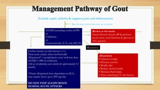 Exclude septic arthritis & suppress pain and inflammation
Rest the joint, elevate the joint, use ice packs
NSAID (including coxibs) ± PPI
or
Colchicine
or
Corticosteroids (I/A, oral, IM, IV)
Review at 4-6 weeks
Assess lifestyle factors, BP & perform
serum urate, renal function & glucose in
ALL patients
Resolution
Further attacks (or risk factors+++)
Treat acute attack, when resolved add
Allopurinol* + prophylactic cover with low dose
NSAID ± PPI or colchicine
(risk of precipitating acute attacks for approximately 12
months)
*Titrate allopurinol dose dependent on SUA,
may require doses up to 900 mg/day
DO NOT STOP ALLOPURINOL
DURING ACUTE ATTACKS
All patients
• Optimise weight
• Increase exercise
• Modify diet
• Reduce alcohol intake
• Maintain fluid intake
• Treat underlying CV risk factors
 
