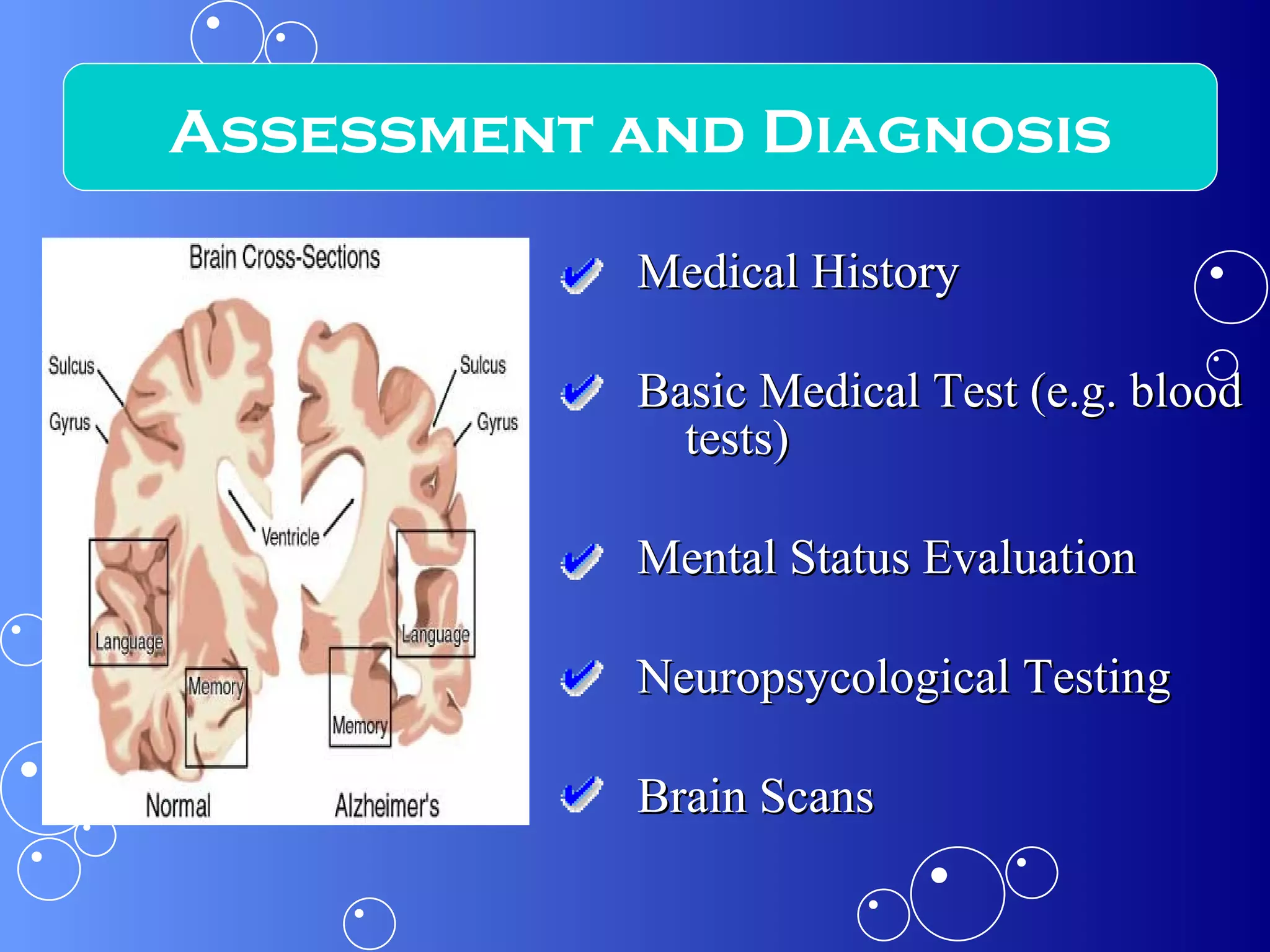 Medical History Basic Medical Test (e.g. blood tests) Mental Status Evaluation Neuropsycological Testing Brain Scans Assessment and Diagnosis 