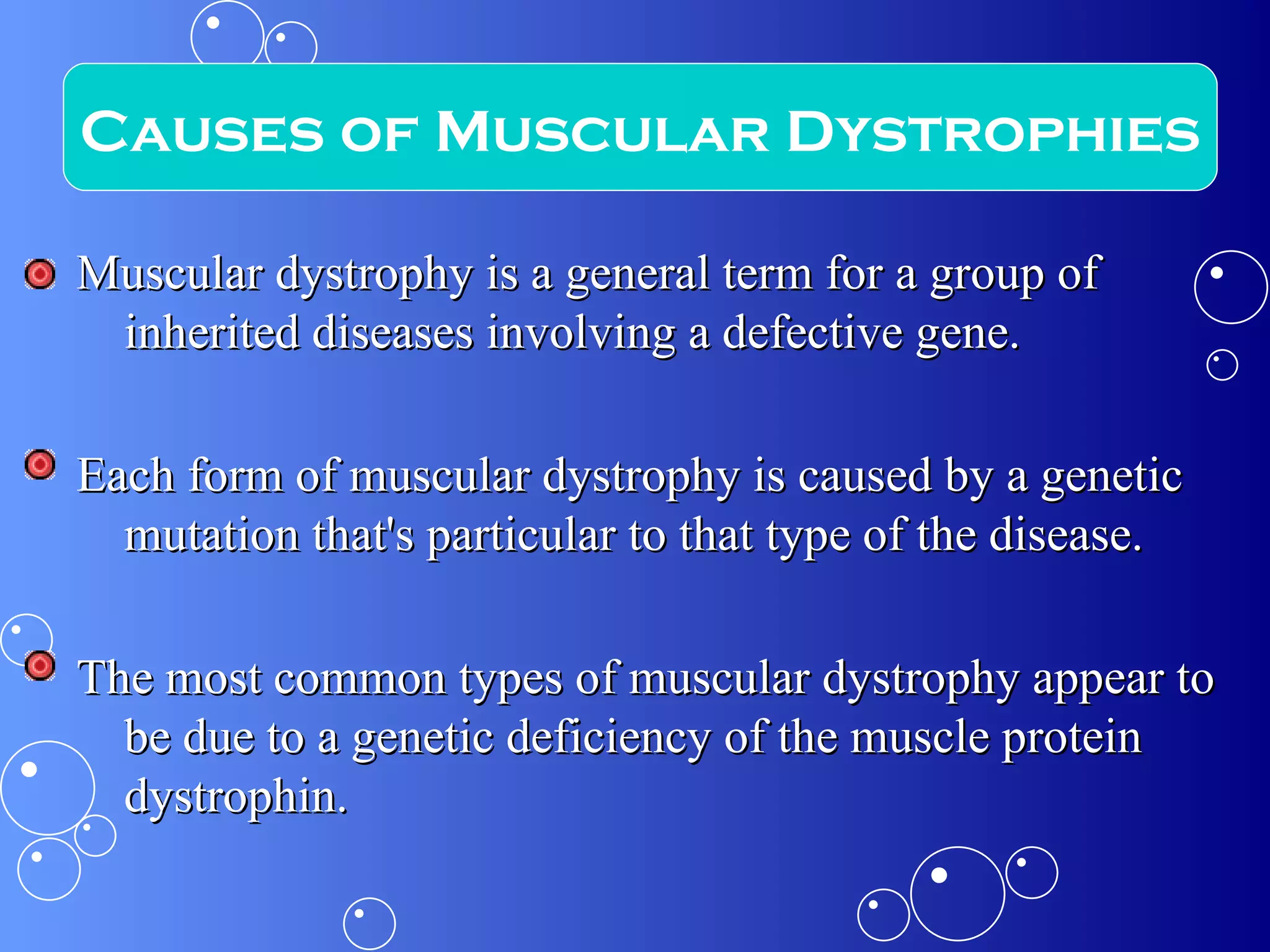 Muscular dystrophy is a general term for a group of inherited diseases involving a defective gene. Each form of muscular dystrophy is caused by a genetic mutation that's particular to that type of the disease.  The most common types of muscular dystrophy appear to be due to a genetic deficiency of the muscle protein dystrophin. Causes of Muscular Dystrophies 