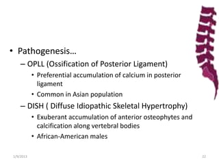 • Pathogenesis…
– OPLL (Ossification of Posterior Ligament)
• Preferential accumulation of calcium in posterior
ligament
• Common in Asian population
– DISH ( Diffuse Idiopathic Skeletal Hypertrophy)
• Exuberant accumulation of anterior osteophytes and
calcification along vertebral bodies
• African-American males
1/9/2013 22
 