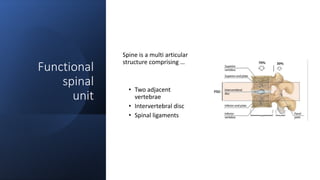 Functional
spinal
unit
Spine is a multi articular
structure comprising …
• Two adjacent
vertebrae
• Intervertebral disc
• Spinal ligaments
 