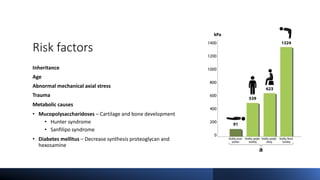 Risk factors
Inheritance
Age
Abnormal mechanical axial stress
Trauma
Metabolic causes
• Mucopolysaccharidoses – Cartilage and bone development
• Hunter syndrome
• Sanfilipo syndrome
• Diabetes mellitus – Decrease synthesis proteoglycan and
hexosamine
 