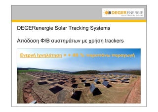 DEGERenergie Solar Tracking Systems

Απόδοση Φ/Β συστημάτων με χρήση trackers

 Ενεργή Ιχνηλάτηση = + 45 % παραπάνω παραγωγή
 