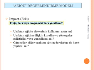 “ AEIOU ”   DEĞERLENDİRME  MODEL İ Impact  (Etki) Uzaktan eğitim sisteminin kullanımı arttı mı? Uzaktan eğitime ilişkin kurallar ve yönergeler geliştirildi veya güncellendi mi? Öğrenciler, diğer uzaktan eğitim derslerine de kayıt yaptırdı mı? Proje, ders veya program bir fark yarattı mı? 12/03/11 Uzm.Nazime Tuncay 