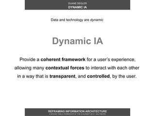 DUANE DEGLER
                                  DYNAMIC IA



                 Data and technology are dynamic




                  Dynamic IA
  Provide a coherent framework for a user’s experience,
allowing many contextual forces to interact with each other
 in a way that is transparent, and controlled, by the user.




                REFRAMING INFORMATION ARCHITECTURE
                A ROUND TABLE WORKSHOP AT THE IA SUMMIT 2013 - BALTIMORE
 