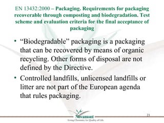 EN 13432:2000 – Packaging. Requirements for packaging
recoverable through composting and biodegradation. Test
scheme and e...