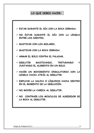 LO QUE DEBES HACER:




      ESTAR DURANTE EL DÍA CON LA BOCA CERRADA.

      NO ESTAR DURANTE EL DÍA CON LA LENGUA
      ENTRE LOS DIENTES.

      MASTICAR CON LOS MOLARES.

      MASTICAR CON LA BOCA CERRADA.

      ARMAR EL BOLO CONTRA EL PALADAR.

      DEGLUTIR   MASTICANDO,    TRITURANDO        Y
      JUNTANDO EL ALIMENTO EN UN BOLO.

      HACER UN MOVIMIENTO ONDULATORIO CON LA
      LENGUA HACIA ATRÁS AL DEGLUTIR.

      EMPUJAR LA SALIVA O LÍQUIDOS HACIA DENTRO
      EN EL MOMENTO DE LA DEGLUCIÓN.

      NO MOVER LA CABEZA AL DEGLUTIR.

      NO CONTRAER LOS MÚSCULOS DE ALREDEDOR DE
      LA BOCA AL DEGLUTIR.




Grupo de Trabajo LEA I                            9
 