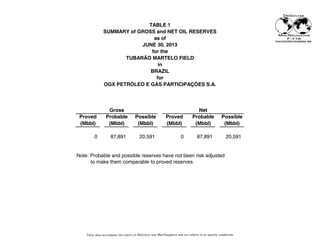 TABLE 1
SUMMARY of GROSS and NET OIL RESERVES
as of
JUNE 30, 2013
for the
TUBARÃO MARTELO FIELD
in
BRAZIL
for
OGX PETRÓLEO E GÁS PARTICIPAÇÕES S.A.
Gross Net
Proved Probable Possible Proved Probable Possible
(Mbbl) (Mbbl) (Mbbl) (Mbbl) (Mbbl) (Mbbl)
0 87,891 20,591 0 87,891 20,591
Note: Probable and possible reserves have not been risk adjusted
to make them comparable to proved reserves.
 
