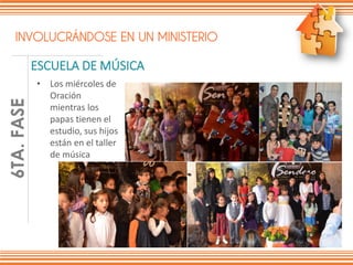 INVOLUCRÁNDOSE EN UN MINISTERIO
ESCUELA DE MÚSICA
FASE1DE6
• Los miércoles de
Oración
mientras los
papas tienen el
estudio, sus hijos
están en el taller
de música
6TA.FASE
 