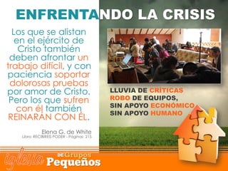 Los que se alistan
en el ejército de
Cristo también
deben afrontar un
trabajo difícil, y con
paciencia soportar
dolorosas pruebas
por amor de Cristo.
Pero los que sufren
con él también
REINARÁN CON ÉL.
Elena G. de White
Libro: RECIBIREIS PODER - Páginas: 215
LLUVIA DE CRÍTICAS
ROBO DE EQUIPOS,
SIN APOYO ECONÓMICO
SIN APOYO HUMANO
ENFRENTANDO LA CRISIS
 