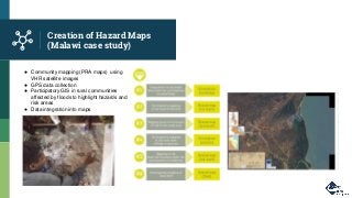 Creation of Hazard Maps
(Malawi case study)
● Community mapping (PRA maps) using
VHR satellite images
● GPS data collection
● Participatory GIS in rural communities
affected by floods to highlight hazards and
risk areas
● Data integration into maps
 