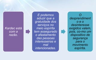 E podemos              O
                 aduzir que a    desprendiment
               gratuidade dos          oeo
                 serviços no      desinteresse
Kardec está     meio espírita    exigidos valem,
  com a       tem assegurado     pois, co-mo um
  razão.       o afastamento      dispositivo de
                das pessoas         segurança
               interesseiras e        para o
                     mal           movimento
               intencionadas.        espírita.
 