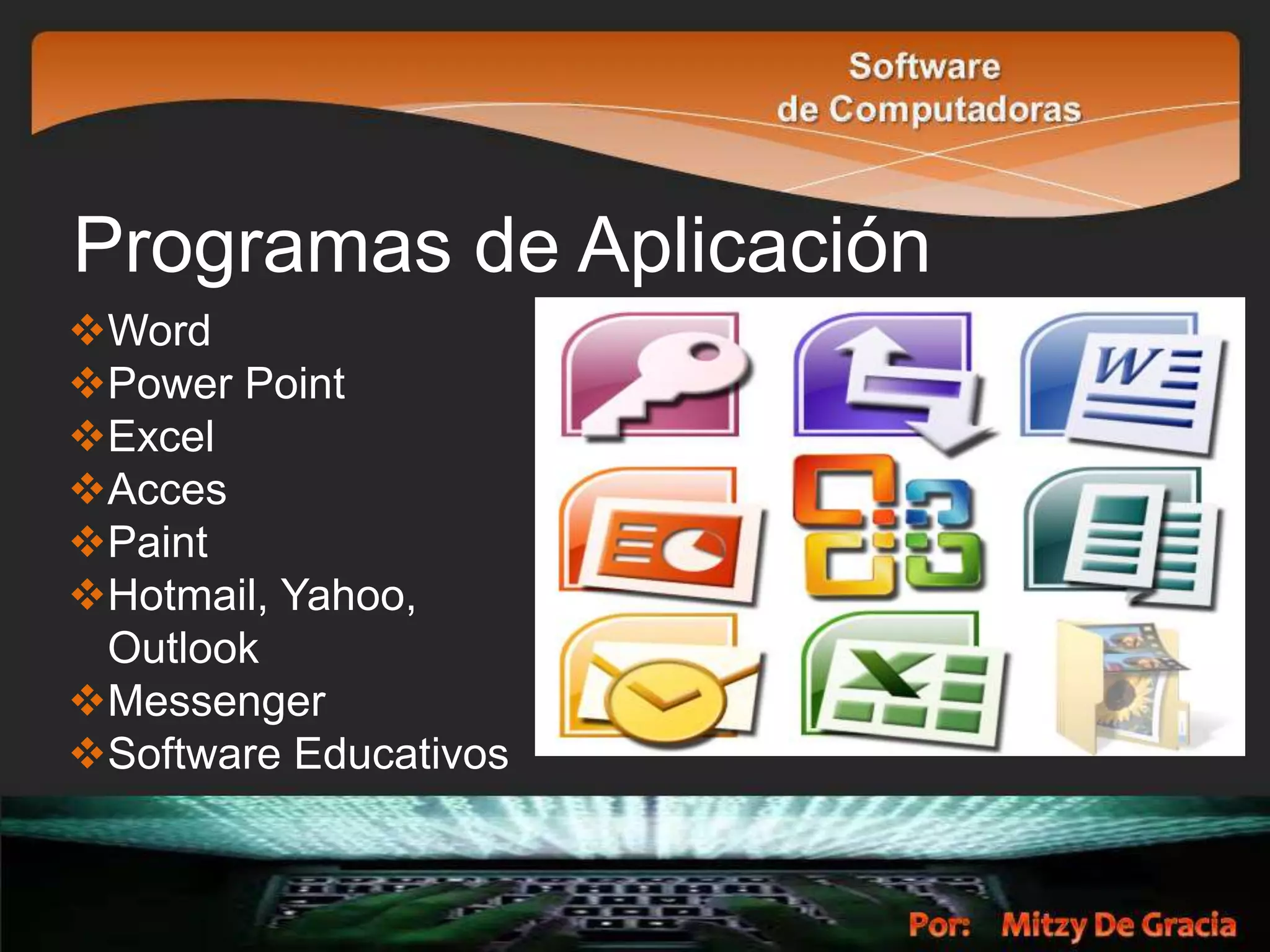 Programas de Aplicación
Word
Power Point
Excel
Acces
Paint
Hotmail, Yahoo,
Outlook
Messenger
Software Educativos