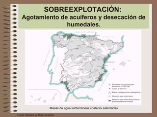 SOBREEXPLOTACIÓN:
Agotamiento de acuíferos y desecación de
humedales.
Masas de agua subterráneas costeras salinizadas
Fuente: Ministerio de Medio Ambiente
 