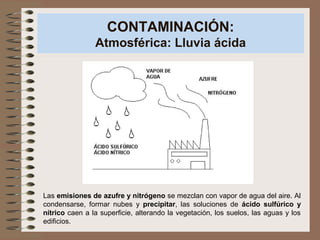 CONTAMINACIÓN:
Atmosférica: Lluvia ácida
Las emisiones de azufre y nitrógeno se mezclan con vapor de agua del aire. Al
condensarse, formar nubes y precipitar, las soluciones de ácido sulfúrico y
nítrico caen a la superficie, alterando la vegetación, los suelos, las aguas y los
edificios.
 