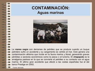 CONTAMINACIÓN:
Aguas marinas
La marea negra son derrames de petróleo que se produce cuando un buque
petrolero sufre un accidente y su cargamento es vertido al mar. Esto genera una
contaminación altísima que incide en la fauna marina y litoral, generando graves
pérdidas a sectores económicos como la pesca o el turismo. El chapapote es la
amalgama pastosa en la que se convierte el petróleo a su contacto con el agua
marina. El último gran accidente que afectó a las costas españolas fue el del
barco Prestige en 2002.
Fuente: wikimedia
 