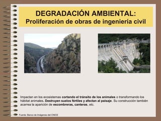 DEGRADACIÓN AMBIENTAL:
Proliferación de obras de ingeniería civil
Impactan en los ecosistemas cortando el tránsito de los animales o transformando los
hábitat animales. Destruyen suelos fértiles y afectan al paisaje. Su construcción también
acarrea la aparición de escombreras, canteras, etc.
Fuente: Banco de Imágenes del CNICE
 