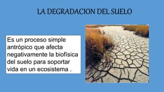 LA DEGRADACION DEL SUELO 
Es un proceso simple 
antrópico que afecta 
negativamente la biofísica 
del suelo para soportar 
vida en un ecosistema . 
 