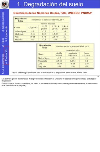 1. Degradación del suelo1.Laproblemática2.Tipos3.Consecuencias
4.Evaluación5.Importancia
* FAO. Metodología provisional para la evaluación de la degradación de los suelos. Roma. 1980.
Directrices de las Naciones Unidas, FAO, UNESCO, PNUMA*
19
Los distintos grados de intensidad de degradación se establecen en una serie de escalas correspondientes a cada tipo de
degradación
En función de la fortaleza o debilidad del suelo, la escala será distinta (cuanto mas degradado se encuentre el suelo menos
se le permitirá que se degrade).
 