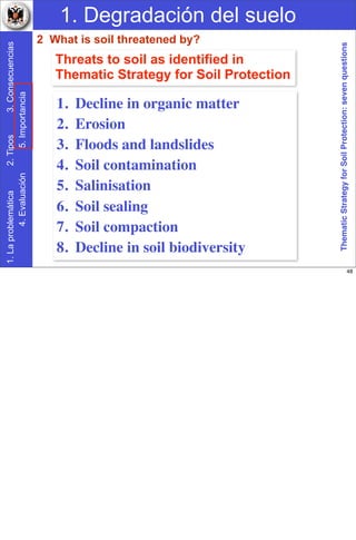 1. Degradación del suelo1.Laproblemática2.Tipos3.Consecuencias
4.Evaluación5.Importancia
Threats to soil as identified in
Thematic Strategy for Soil Protection
1. Decline in organic matter
2. Erosion
3. Floods and landslides
4. Soil contamination
5. Salinisation
6. Soil sealing
7. Soil compaction
8. Decline in soil biodiversity
ThematicStrategyforSoilProtection:sevenquestions
2 What is soil threatened by?
48
 