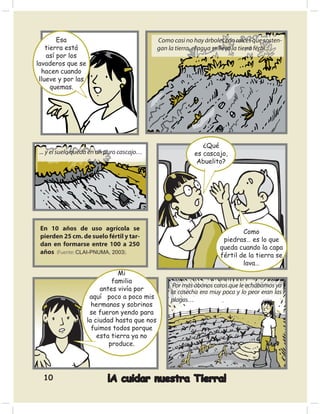Esa                                   Como casi no hay árboles con raíces que sosten-
    tierra está                               gan la tierra, el agua se lleva la tierra fértil...
    así por los
lavaderos que se
  hacen cuando
 llueve y por las
      quemas.




                                                                ¿Qué
 ... y el suelo queda en un puro cascajo…                    es cascajo,
                                                              Abuelito?




 En 10 años de uso agrícola se
                                                                               Como
 pierden 25 cm. de suelo fértil y tar-
                                                                        piedras… es lo que
 dan en formarse entre 100 a 250
                                                                       queda cuando la capa
 años (Fuente: CLAI-PNUMA, 2003).
                                                                       fértil de la tierra se
                                                                               lava…
                               Mi
                             familia
                                                    Por más abonos caros que le echábamos ya
                         antes vivía por           la cosecha era muy poca y lo peor eran las
                     aquí poco a poco mis          plagas…
                      hermanos y sobrinos
                     se fueron yendo para
                    la ciudad hasta que nos
                      fuimos todos porque
                        esta tierra ya no
                            produce.




  10                       ¡A cuidar nuestra Tierra!
 